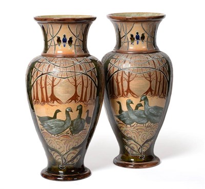 Lot 517 - A Pair of Royal Doulton Lambeth Stoneware Vases, by Florence E Barlow, circa 1902-09, of...