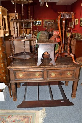 Lot 672 - Dresser base cut down, set of wall shelves, corner whatnot, two plant stands, oak stool with carved