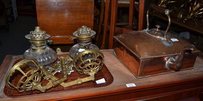 Lot 677 - Large square copper kettle and a pair of wall oil lamps (converted)