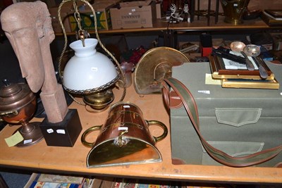 Lot 687 - A striking wall clock, three bowler hats, light fitting with red glass shade, bell shaped...