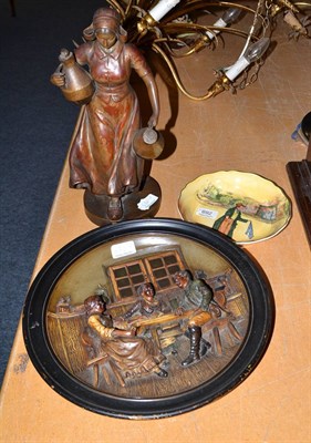 Lot 692 - A glazed terracotta Dutch girl, a similar plaque and a Doulton Series ware dish