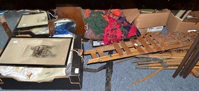 Lot 695 - Fourteen boxes including radio, table top, books, mirror and a Commando canoe