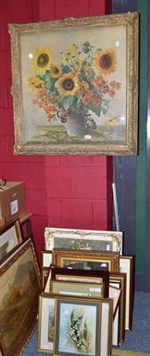 Lot 696 - Large gilt framed print of sunflowers and a quantity of assorted modern framed pictures and prints