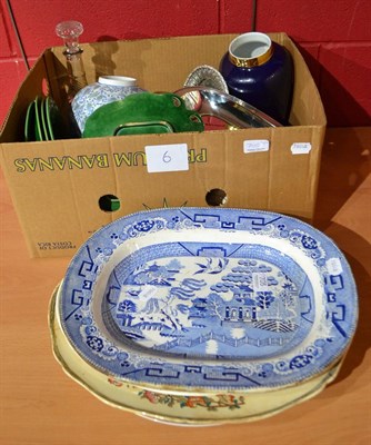 Lot 705 - Assorted meat plates including willow pattern and box including green glaze plates, plated...