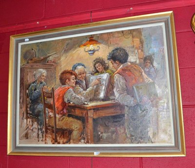 Lot 710 - Nino Salvadori (20th century) ";The Lesson";, children and other figures in an interior,...