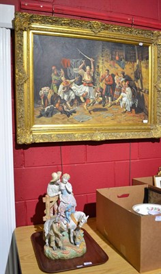 Lot 713 - An oil on canvas depicting figural scene, together with two bisque figures