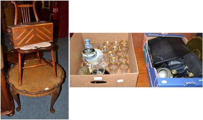 Lot 723 - Assorted glassware, brassware, Mercedes typewriter, camera, ornaments, items of furniture, etc