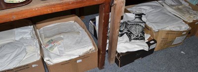 Lot 730 - Ten boxes of assorted white linin, embroidered linen, costume etc