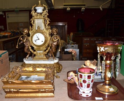 Lot 732 - Modern Continental mantel clock, two items enamelled and overlaid cranberry glass, pair of...