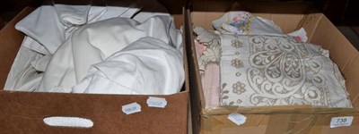 Lot 738 - Assorted white linen, table and bed linen, embroidered cloths etc (three boxes)