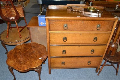 Lot 747 - Circa 1930's oak four height chest of drawers, walnut coffee table and an oak barometer