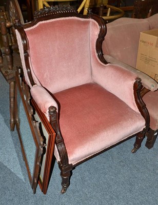 Lot 750 - Edwardian mahogany framed tub chair, walnut framed mirror and framed tapestry picture