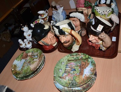 Lot 764 - Seven Doulton character jugs, Wedgwood plates, Nao figure, etc (on two trays)