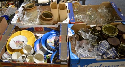 Lot 766 - Twelve boxes of assorted cut glassware, plates wares, decorative ceramics, stoneware, a pottery...