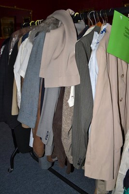 Lot 769 - A quantity of assorted gents' suits, macks, a long black velvet ladies coat, ladies wool suit, etc