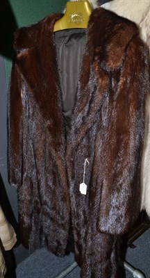 Lot 772 - Long brown mink fur coat, embroidered with initials to the lining