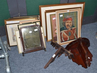 Lot 774 - A pair of corner wall brackets, another, a toilet mirror and a quantity of assorted framed pictures