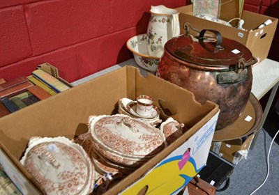 Lot 778 - Large copper stew pot and lid, brass tray and a Victorian part dinner service