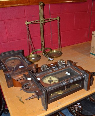 Lot 783 - Two wall clocks, set of scales and an ink stand/desk set