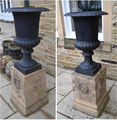 Lot 798 - Pair of black cast iron pedestal urns on stone plinths