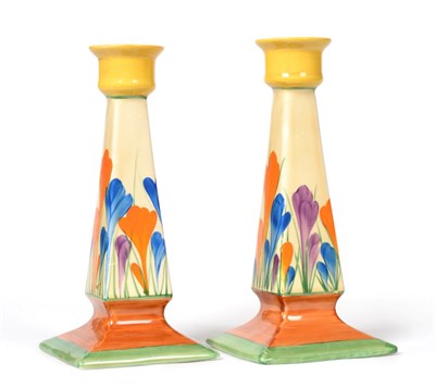 Lot 531 - A Pair of Clarice Cliff Crocus Pattern Candlesticks, tapering square section form, with printed...