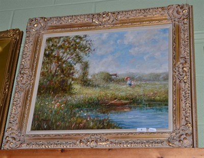 Lot 4 - Continental School (20th century), figures with parasol walking beside a river, oil on canvas