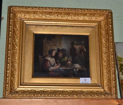 Lot 9 - A 19th century tavern scene with figures drinking wine, oil on canvas