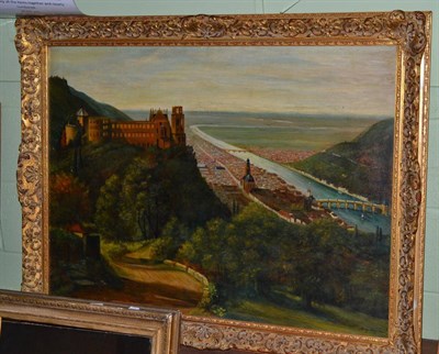 Lot 19 - Large gilt framed oil on board, an aerial view of a town with a river passing through, signer...