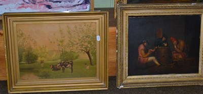 Lot 21 - A 19th century oil on board, three figures in a tavern smoking, in a gilt frame, together with...