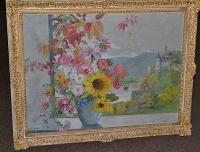 Lot 24 - Oil on canvas signed Traullureiller of a vase of flowers in a window overlooking a lake and houses