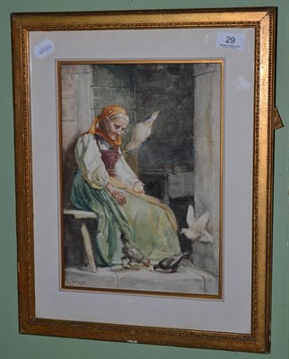 Lot 29 - C Holroyd, Continental watercolour of a lady feeding chickens
