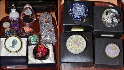 Lot 51 - Six Perthshire paperweights (four boxed), a Perthshire tumbler and other paperweights (two trays)