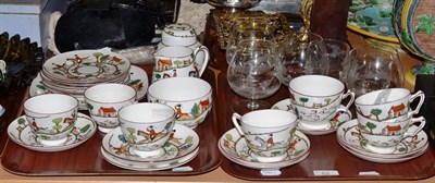 Lot 52 - A Crown Staffordshire hunting scene tea service, four etched brandy glasses and two whisky...