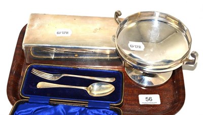 Lot 56 - A silver bon bon dish, a Christening spoon and fork and a cigarette case