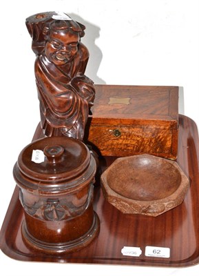 Lot 62 - Beaverman oak bowl, hinged box with brass mounts, carved hardwood figure and a cylindrical box...