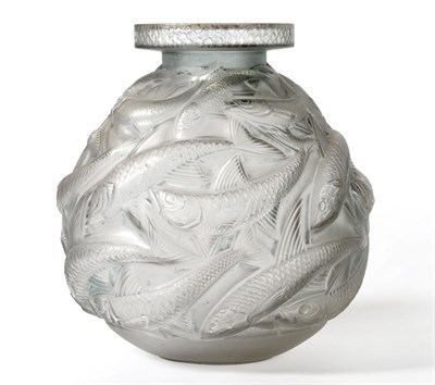 Lot 539 - René Lalique (1860-1945):  "Salmonides " A Frosted Glass Vase, with blue staining, moulded...