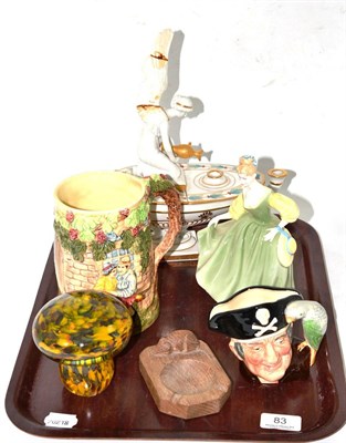 Lot 83 - Mouseman ashtray, Royal Doulton Toby jug and figure, pottery musical mug, Mdina glass toadstool...