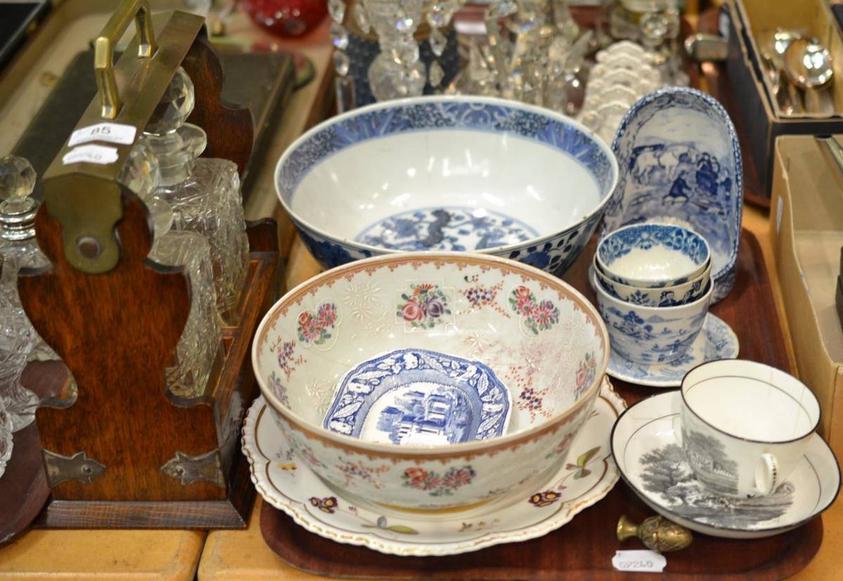 Lot 85 - Chinese blue and white bowl, Samson bowl, blue and white ceramics, oak tantalus etc