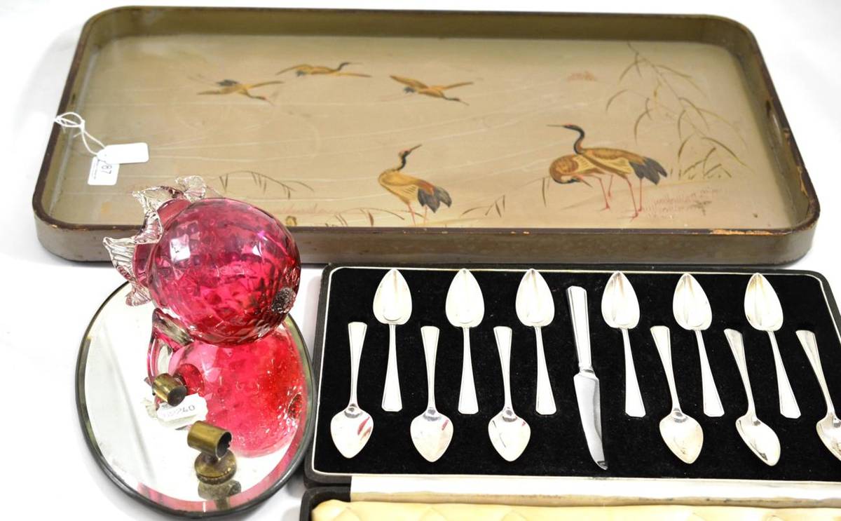Lot 87 - A cased set of twelve silver grapefruit spoons, a rectangular lacquered tea tray and a...