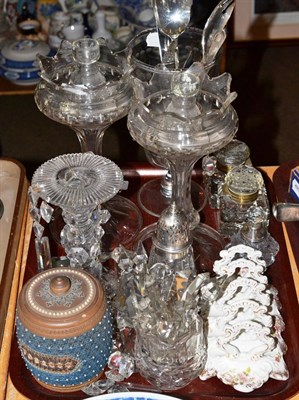 Lot 88 - Pair of table lustres and drops, cut glass table lustres, tobacco jar and cover, silver mounted...