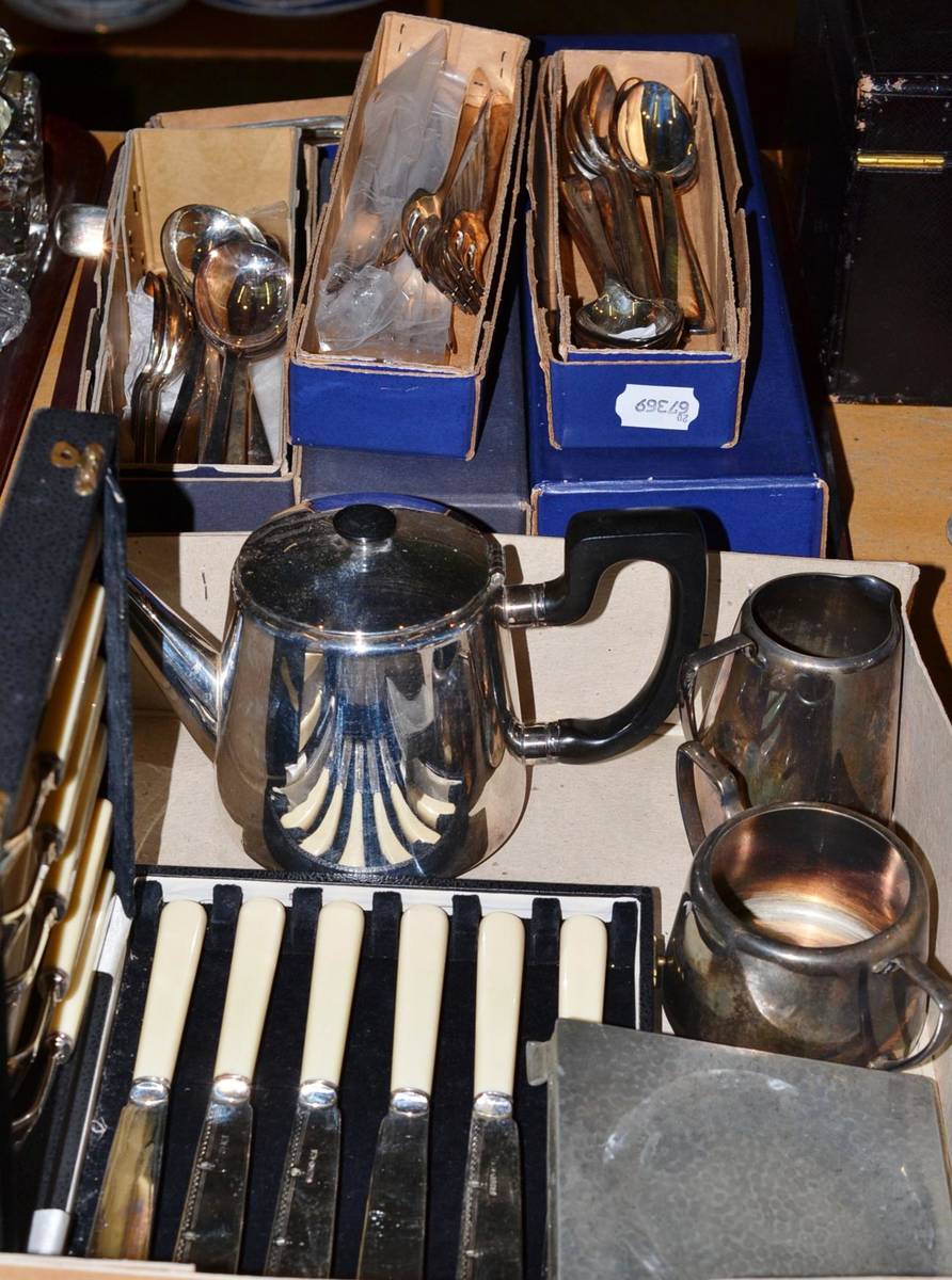 Lot 89 - Assorted Mappin & Webb cutlery, three piece silver plated tea set and stand and six boxed fish...