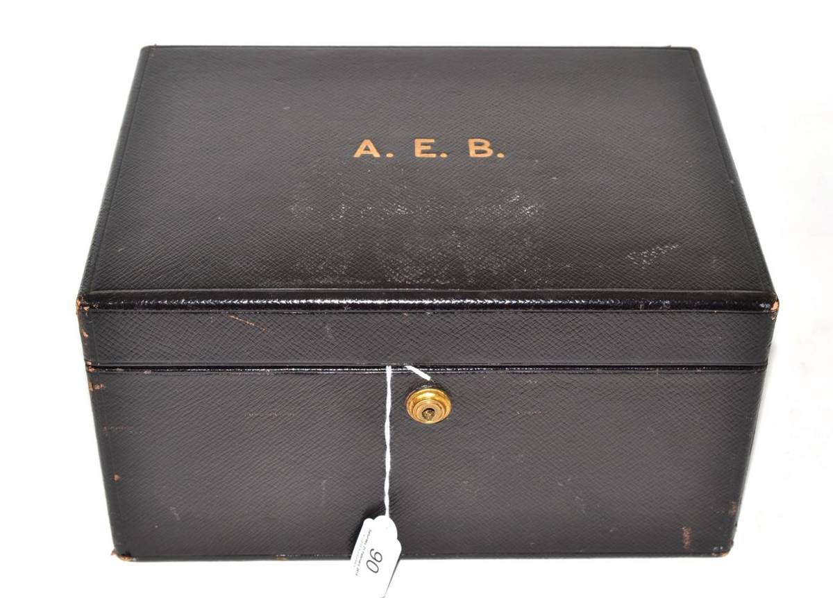Lot 90 - Drew & Sons Piccadilly Circus London black leather vanity case with purple velvet lining,...