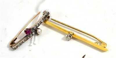 Lot 102 - A diamond bar brooch and a ruby, pearl and diamond bar brooch (a.f.)