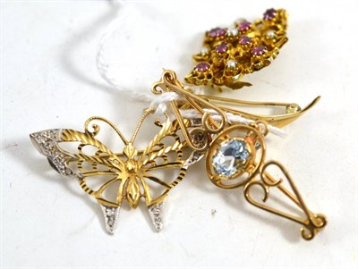 Lot 106 - Three 9ct gold brooches and a ruby and cultured pearl brooch (4)