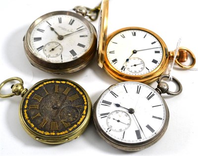 Lot 114 - Two silver pocket watches, plated pocket watch and another (4)