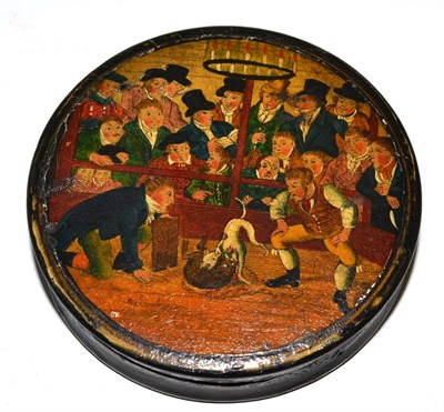 Lot 115 - A 19th century papier mache snuff box, the cover decorated with a transfer and painted dog fighting