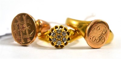 Lot 117 - Two signet rings with engraved initials - one with lockets and an 18ct gold diamond ring (a.f.)