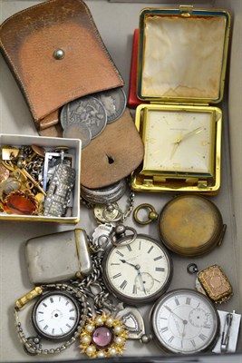 Lot 139 - Two silver pocket watches, one stamped ";925";, two lady's fob watches, coins, silver chain, etc