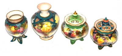 Lot 162 - Four pieces of Hadleys Worcester comprising of a pot pourri jar painted with roses, another painted