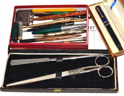 Lot 167 - Collection of assorted pens, a Dunhill lighter and a paperknife set